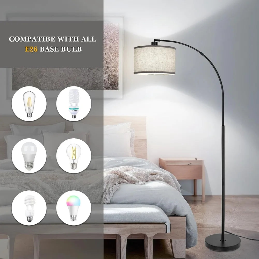 Floor Lamp, Modern Standing with Adjustable Drum Shade, Arched Floor with Foot Switch on Sofa