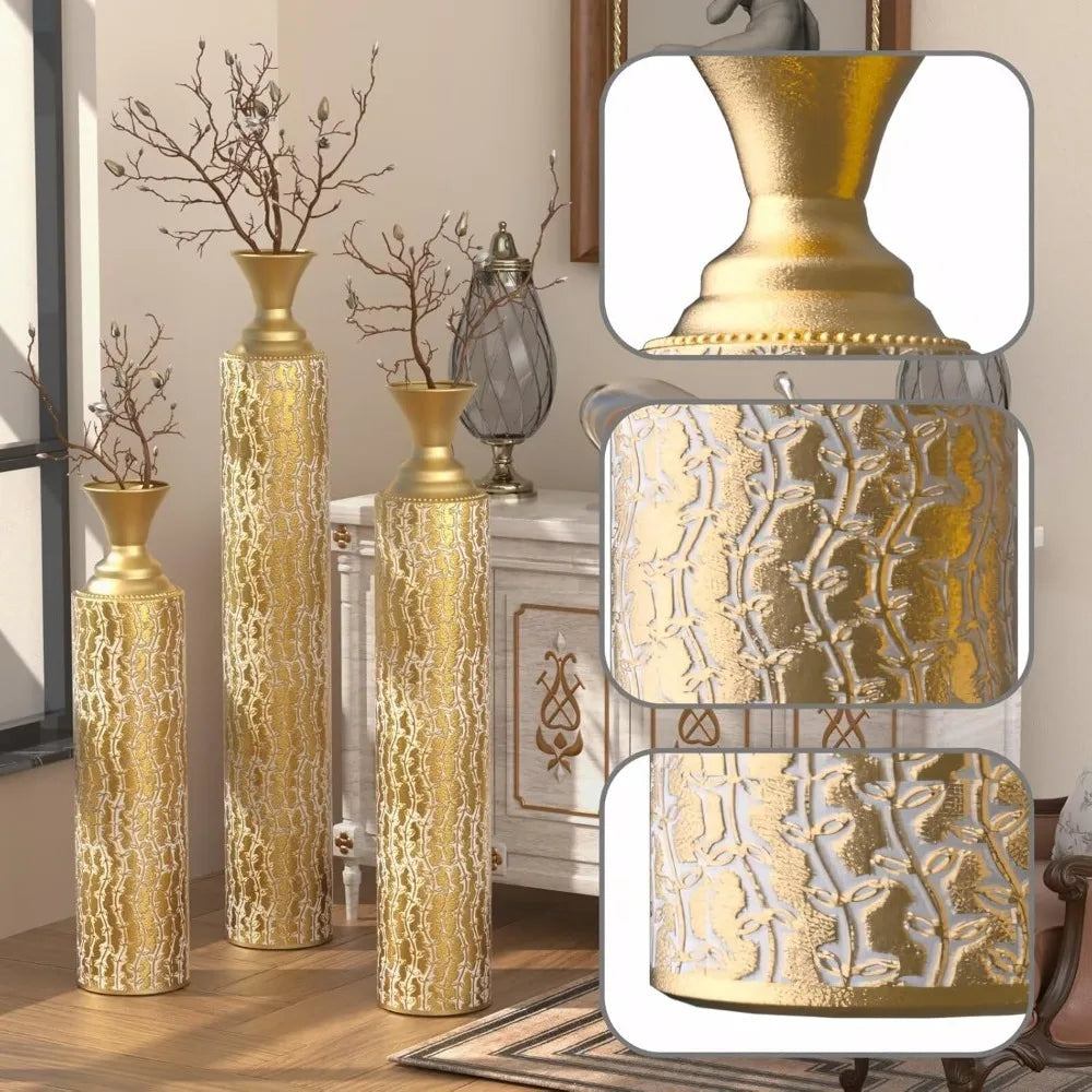 Gold Floor Vases Decor Set of 3 Metal Floor Vases Home Decor for Flowers Vases