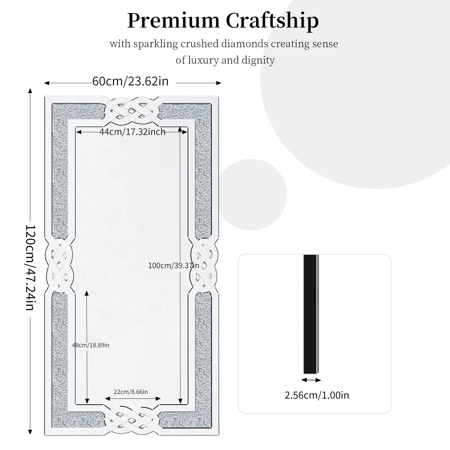 Large Crystal Crush Diamond Mirror Silver Decorative Wall Hang Mirror Beautiful for any Room