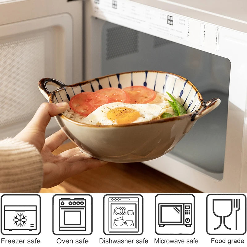 YWDL 700ml Ceramic Salad Bowl With Handle Kitchen Soup, noodles, and fruit Japanese Tableware Microwave Pan
