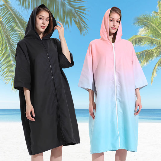 Robe with Hood Microfiber Towel Poncho with Zipper Short Sleeve Poncho Quick Dry