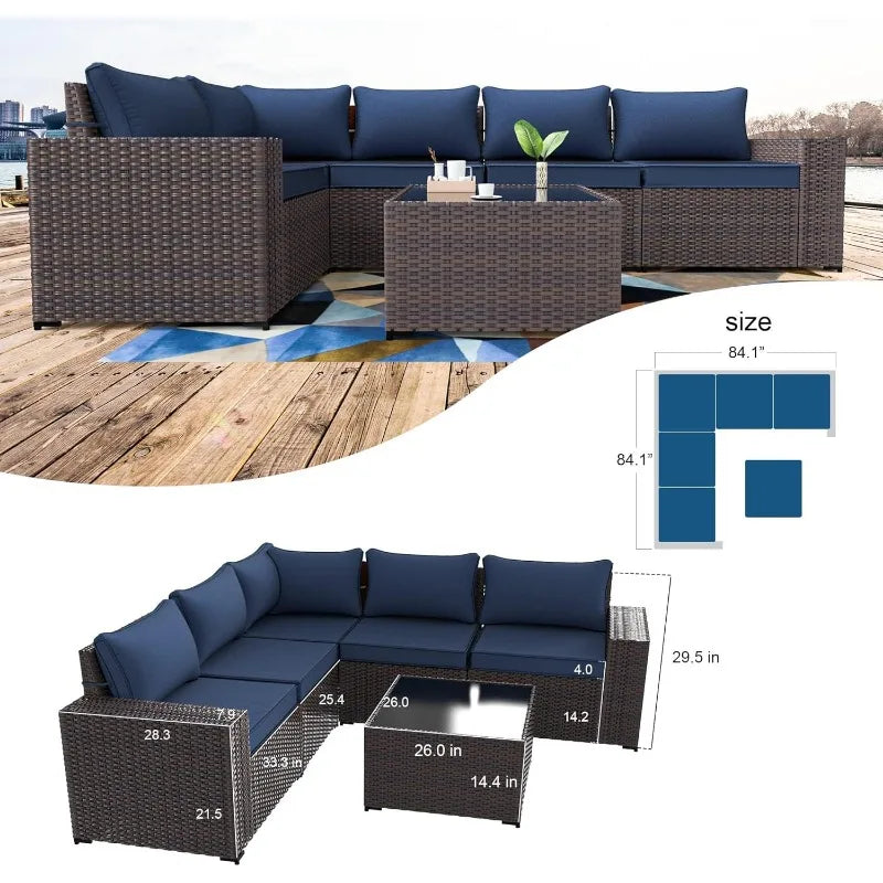 6PCS Outdoor Patio Furniture Set PE Wicker Rattan Sectional Sofa Patio Navy Blue