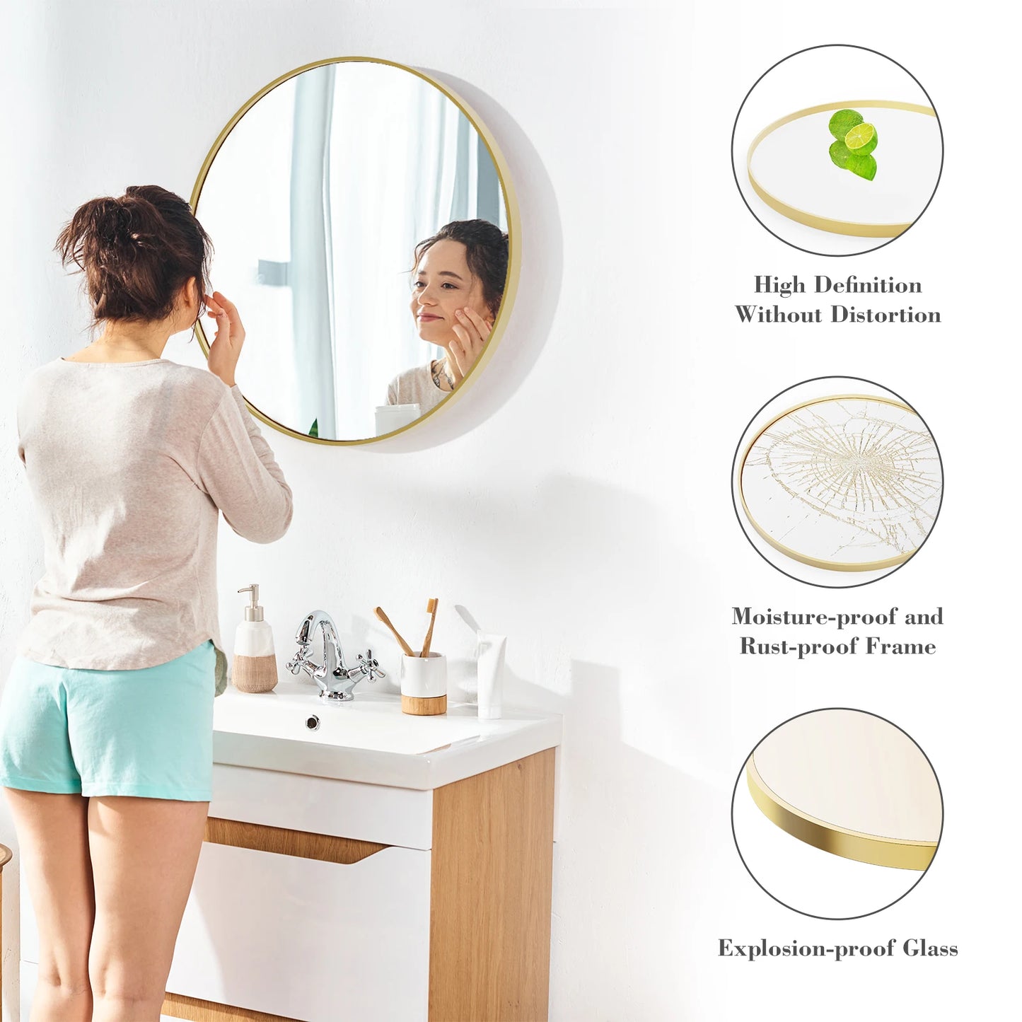 Gold Round Vanity Framed Mirror for Matte Metal Framed Modern Mirror Tempered Glass Bedroom Living Room
