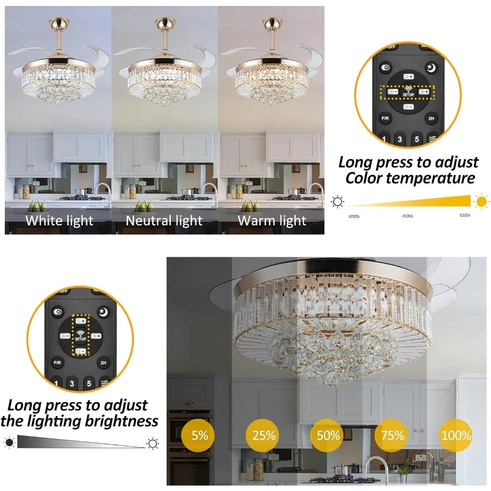 Reversible chandelier crystal ceiling fan with stepless dimming, modern ceiling fan remote control, retractable invisible blades