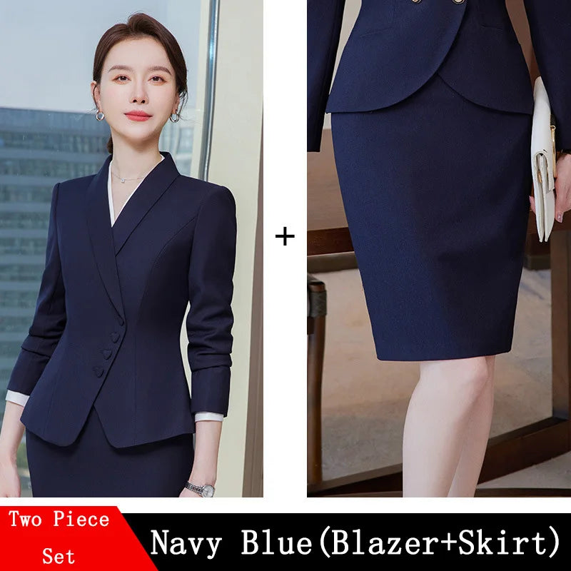 Business Women's Suit Pants Two-piece Set New Spring Autumn Long Sleeve Heart Button Jacket Slim Trousers Skirts