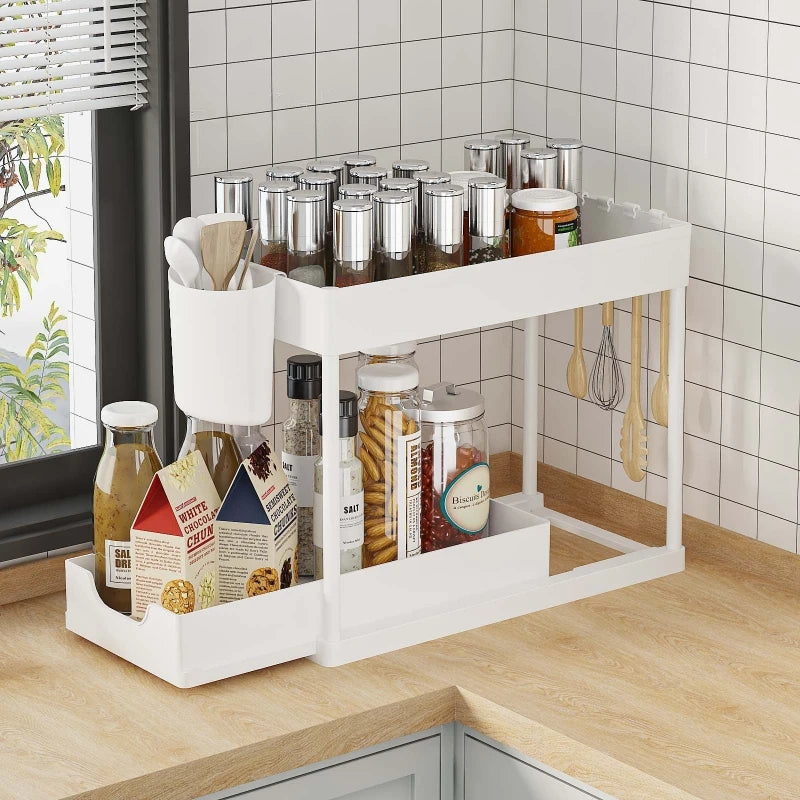 Pull-Out Pantry Multi-Tier Adjustable Storage Shelf for Spices Utensil Under Sink Cabinet Countertop