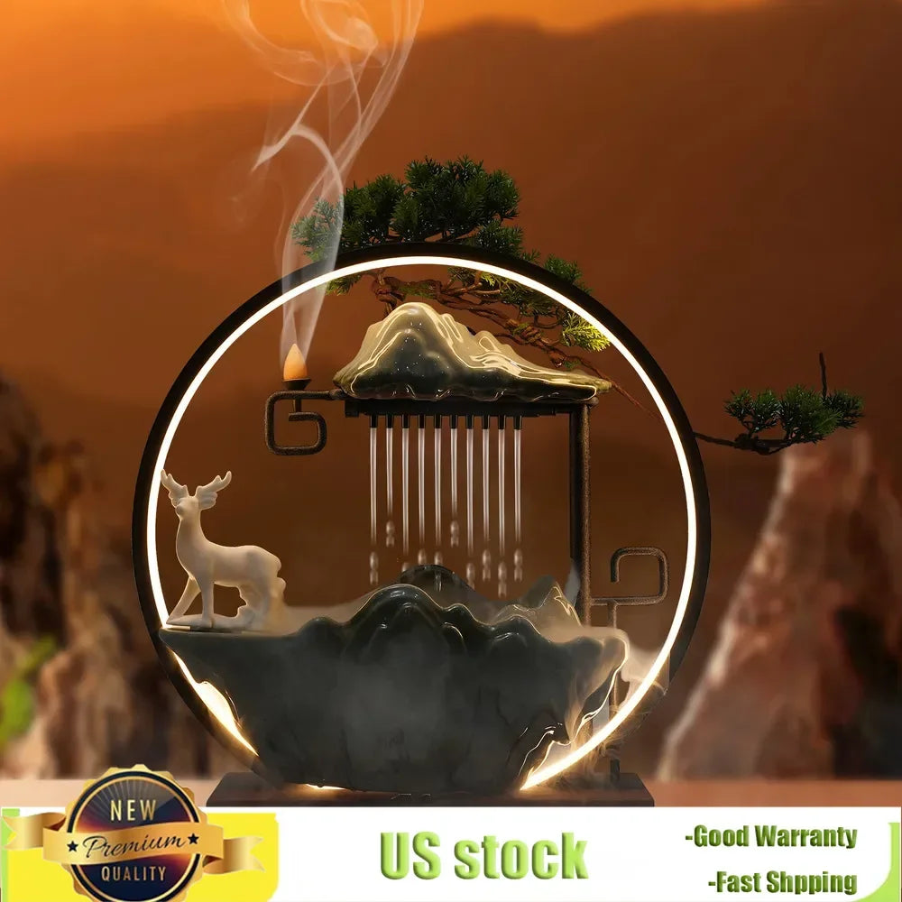 Indoor Water Fountain with Mist Touch Switch LED Light Incense Burner Waterfall Relaxing Table Decor