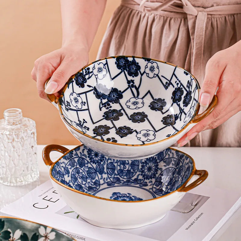 7.5inch Ceramic Ramen Bowl With Handle Japanese Style Flower Heat-resistant Soup Bowl Microwave Safe