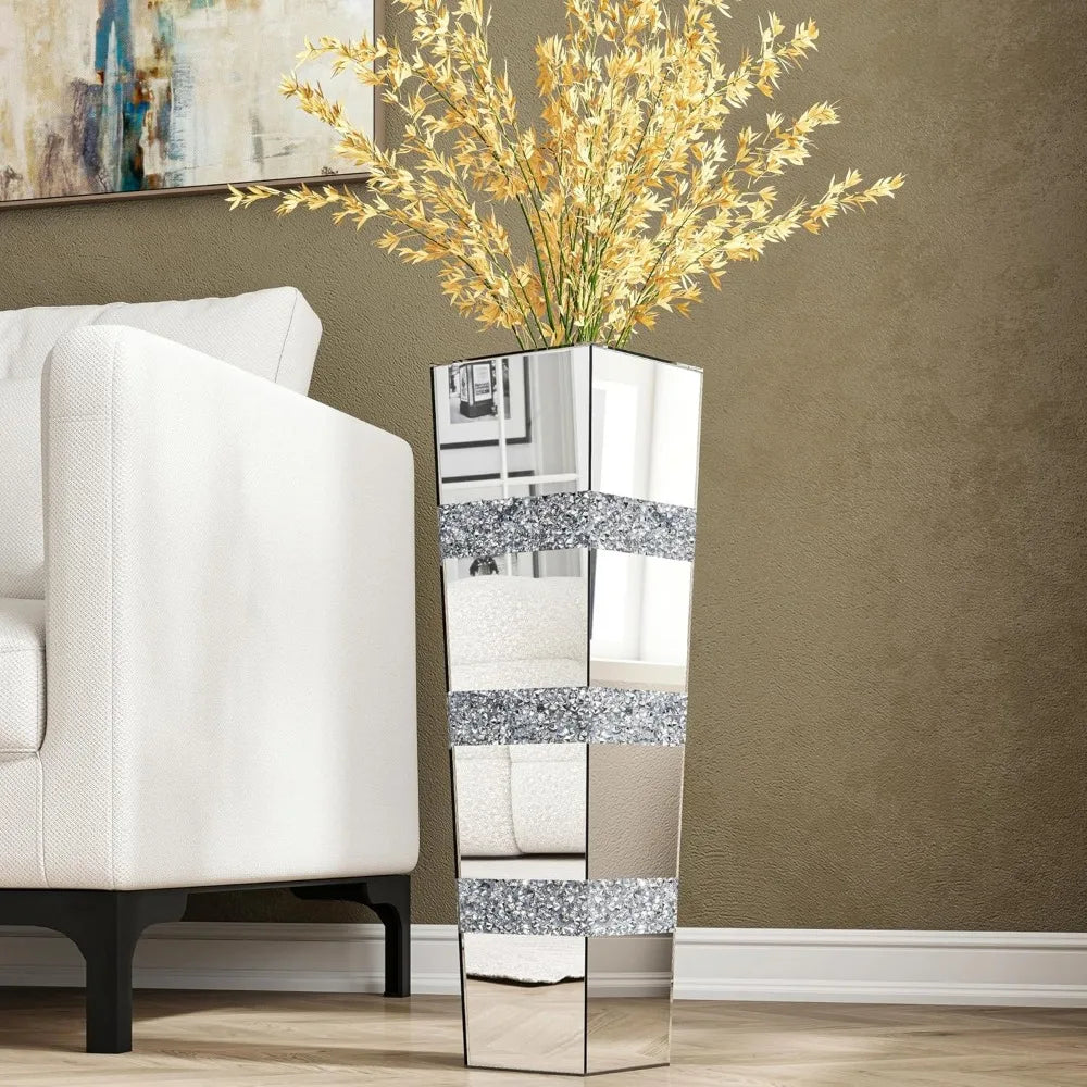Mirrored Vase, Crushed Diamond Floor, Silver Vases Decor Living