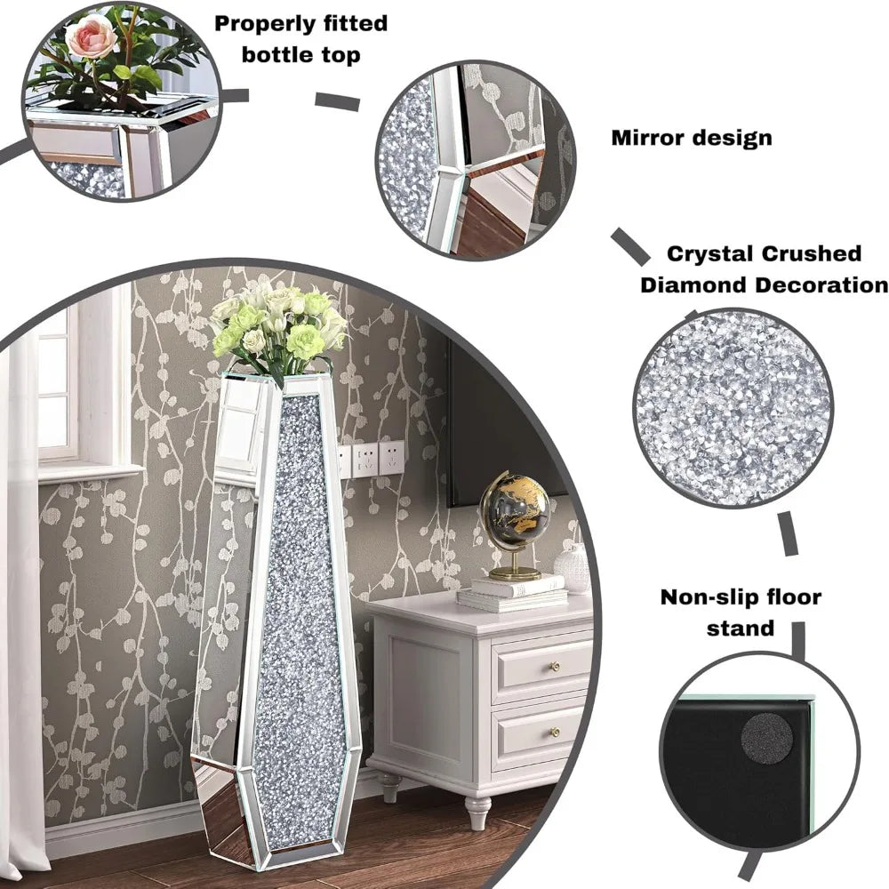 27" Tall Floor Crystal Vase Crushed Diamond Floor Silver for Decor in all rooms