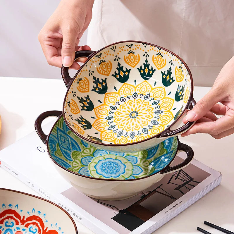 YWDL 700ml Ceramic Salad Bowl With Handle Kitchen Soup, noodles, and fruit Japanese Tableware Microwave Pan