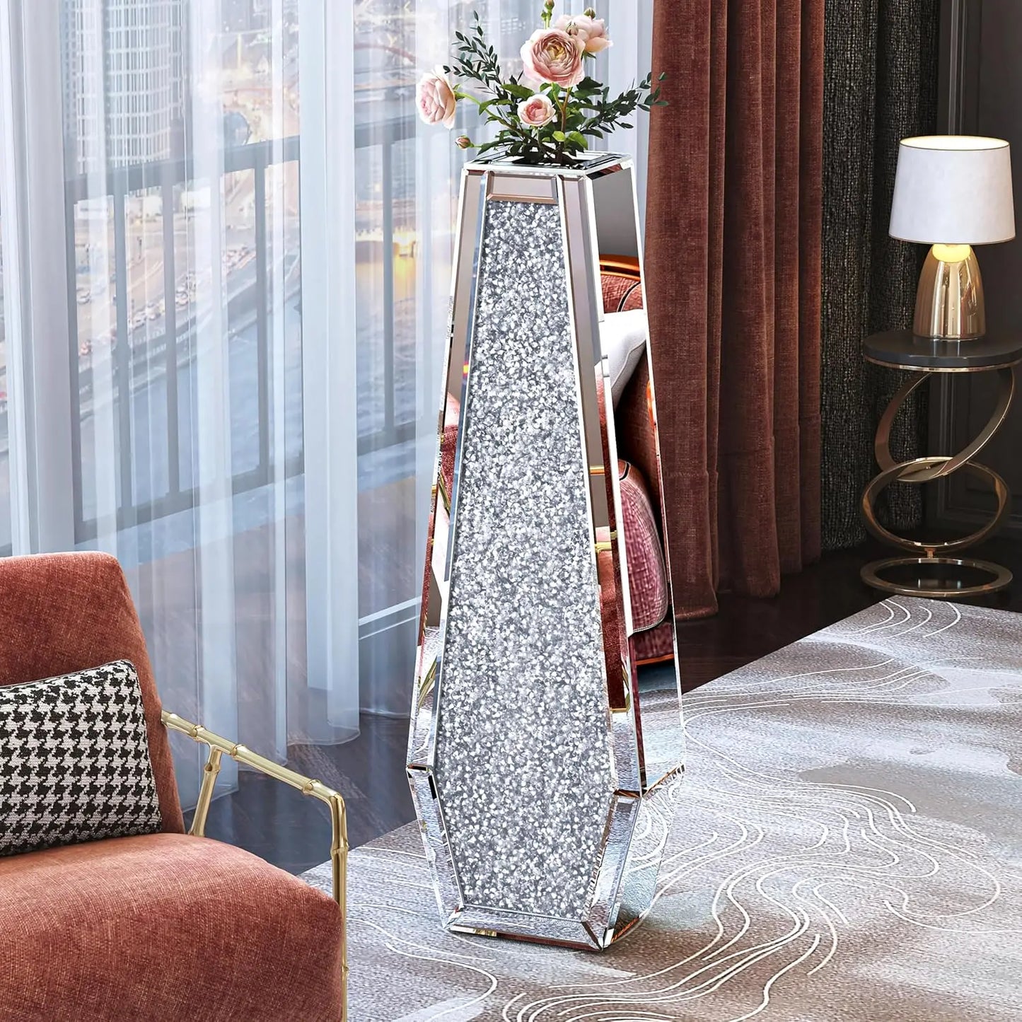 27" Tall Floor Crystal Vase Crushed Diamond Floor Silver for Decor in all rooms