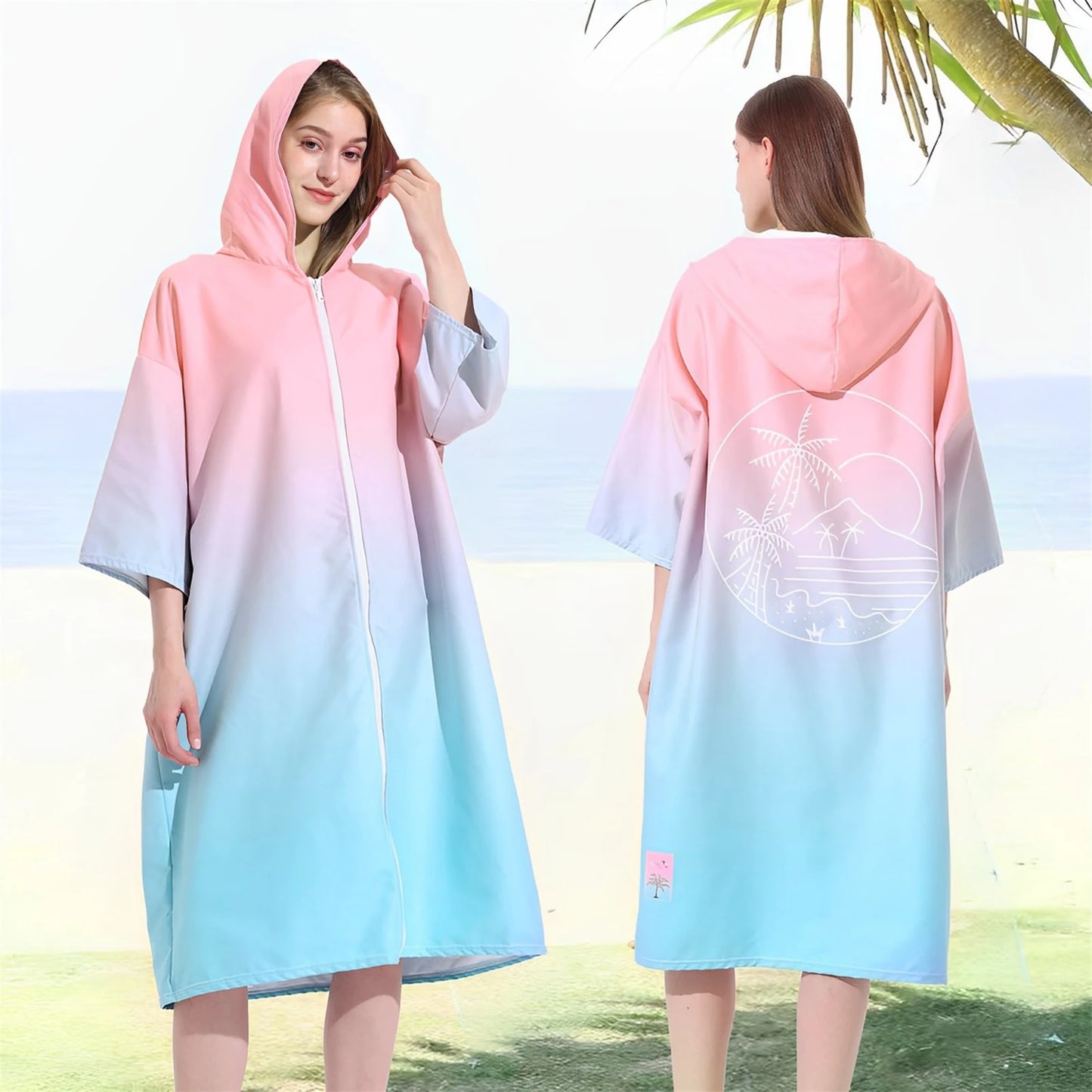 Robe with Hood Microfiber Towel Poncho with Zipper Short Sleeve Poncho Quick Dry