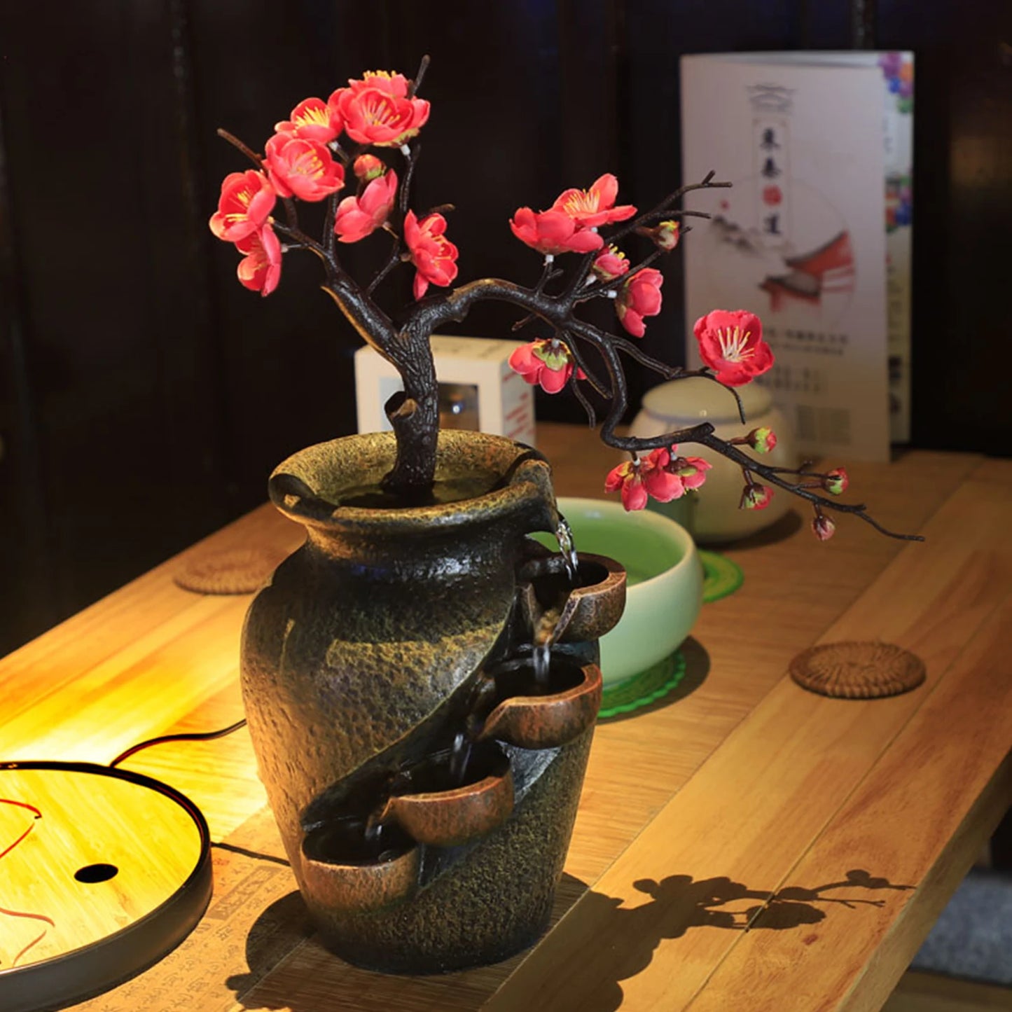 Fountain with Rock Led Light Mist Mini Fountain Water Humidifier Relaxation Retro Zen Resin Vase