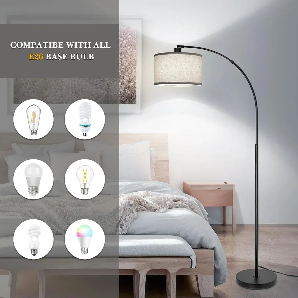 Floor Lamp, Modern Standing with Adjustable Drum Shade, Arched Floor with Foot Switch on Sofa