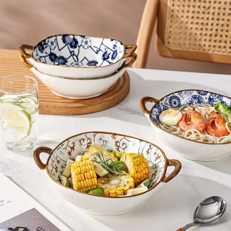 7.5inch Ceramic Ramen Bowl With Handle Japanese Style Flower Heat-resistant Soup Bowl Microwave Safe