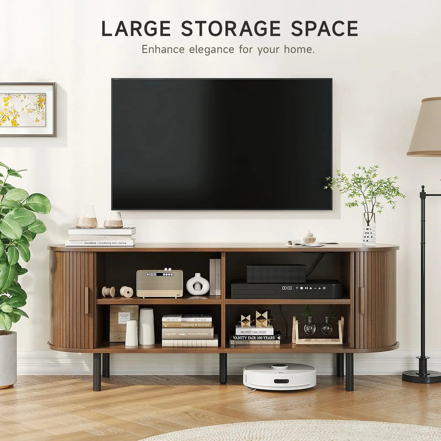 TV Stand Living Room Furniture with Power Outlet for TVs up to 60/70" Table with Sliding Doors Storage Adjustable Shelves