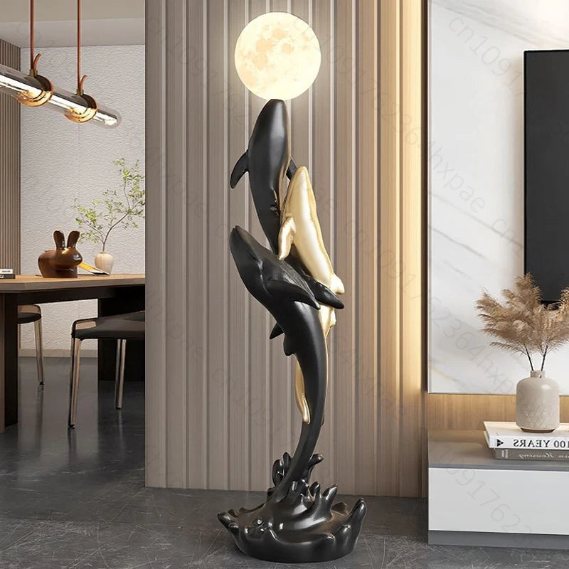 Luxury Whale Floor Lamp Sculpture with Moon Night Light Large Resin Home Decor Large Decorative Statue for  Art Decor