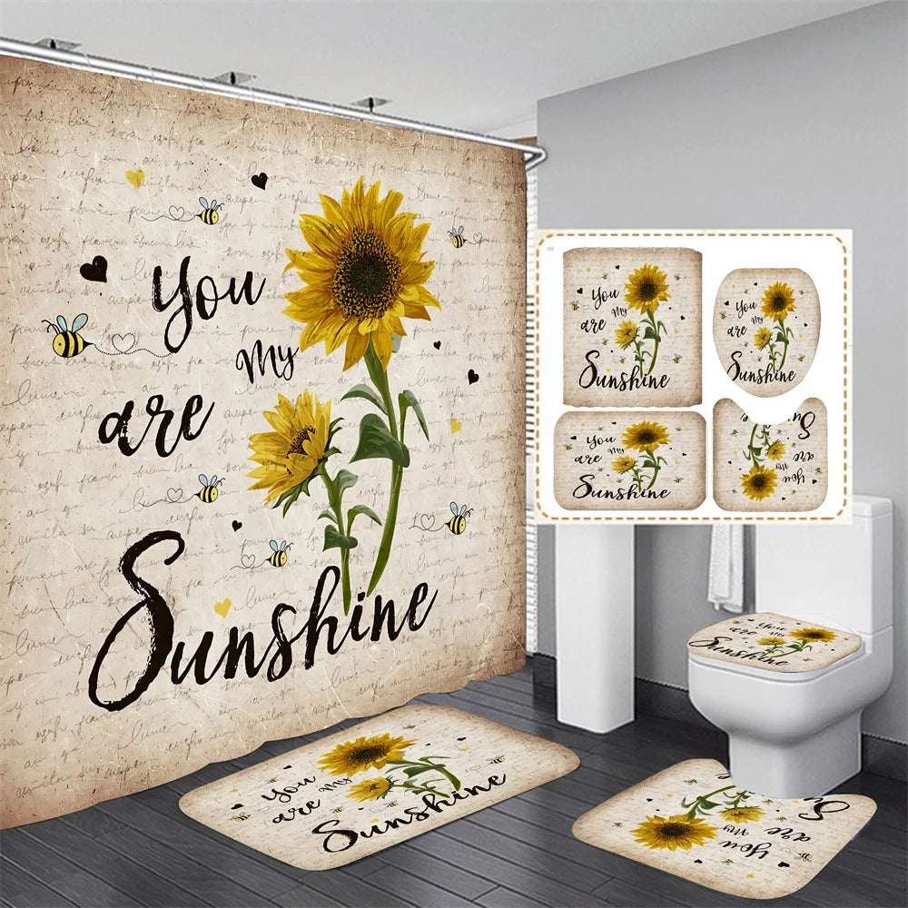 4PCS Flower Shower Curtain Set with Non-Slip Rugs, Toilet Lid Cover and Bath Mat Waterproof Bathroom Decor