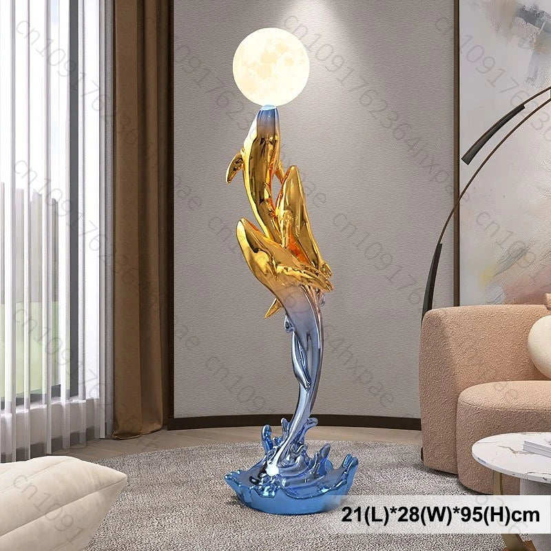 Luxury Whale Floor Lamp Sculpture with Moon Night Light Large Resin Home Decor Large Decorative Statue for  Art Decor