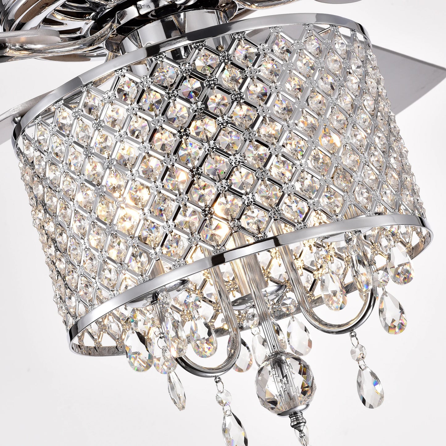 52'' Classical Crystal Ceiling Fan Lamp 3 Speed Hand Pull Chain (High, Mid, Low), 5 Reversible Blades for Living Room, Dining Ro