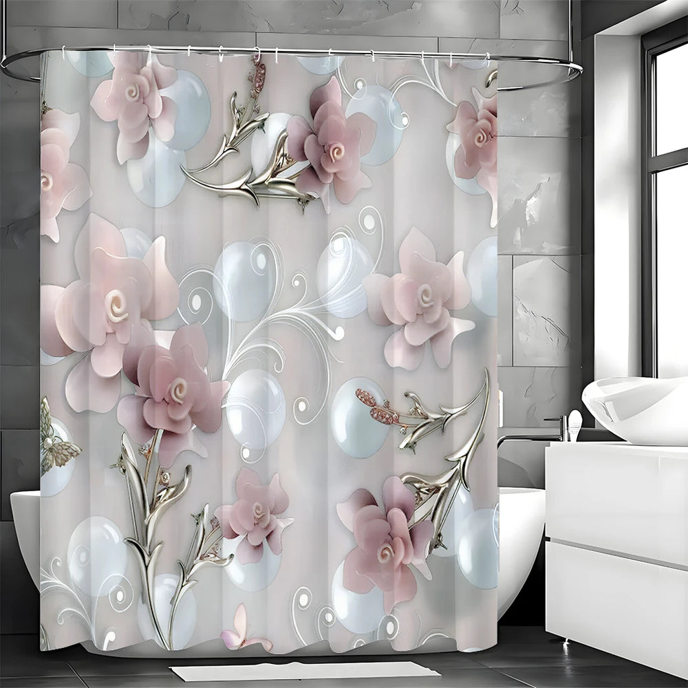 Modern Flower Embossed Shower Curtain, Bathroom Decor Shower Curtain, Waterproof Shower Curtain with Hooks