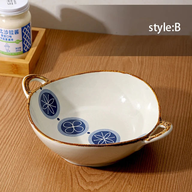 YWDL 700ml Ceramic Salad Bowl With Handle Kitchen Soup, noodles, and fruit Japanese Tableware Microwave Pan
