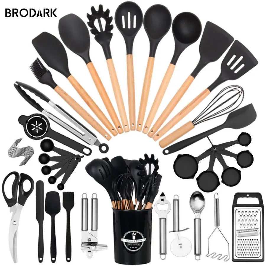 44pcs Premium Silicone Utensil Wooden Handles and Knife - Heat-Resistant, Non-Stick