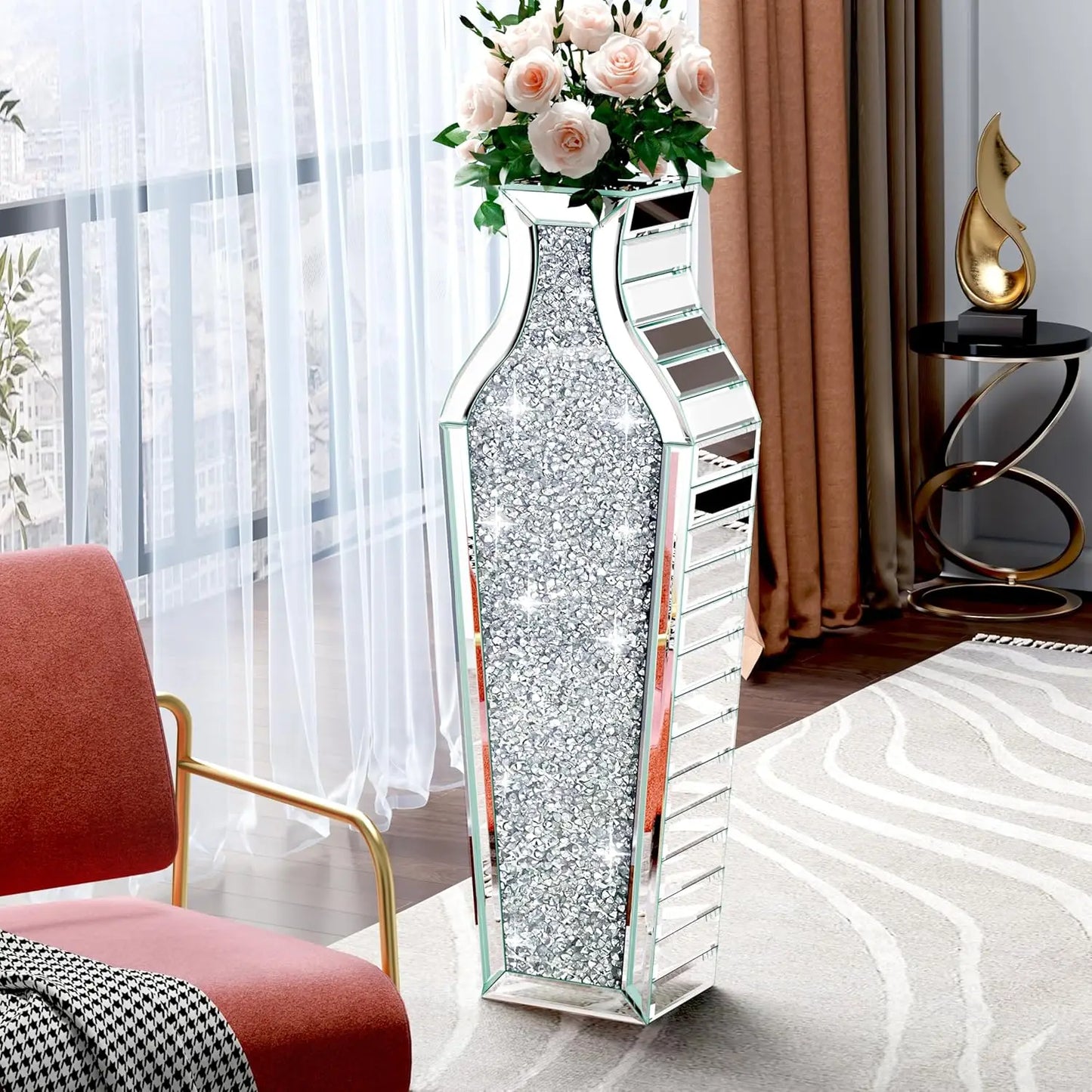 27" Tall Floor Crystal Vase Crushed Diamond Floor Silver for Decor in all rooms