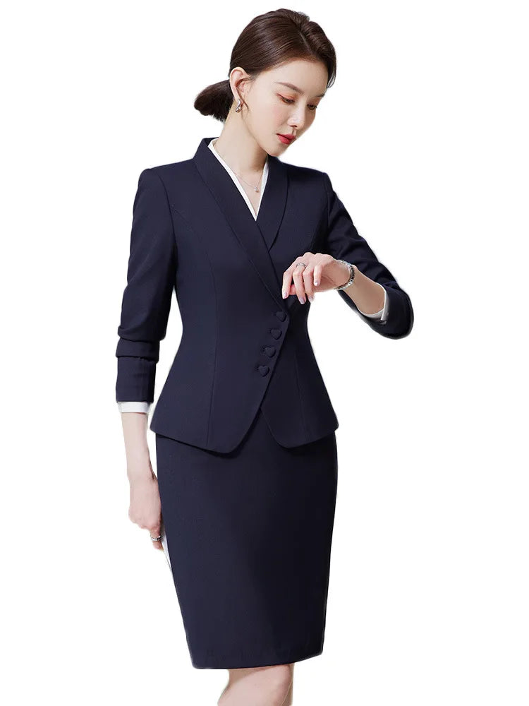 Business Women's Suit Pants Two-piece Set New Spring Autumn Long Sleeve Heart Button Jacket Slim Trousers Skirts