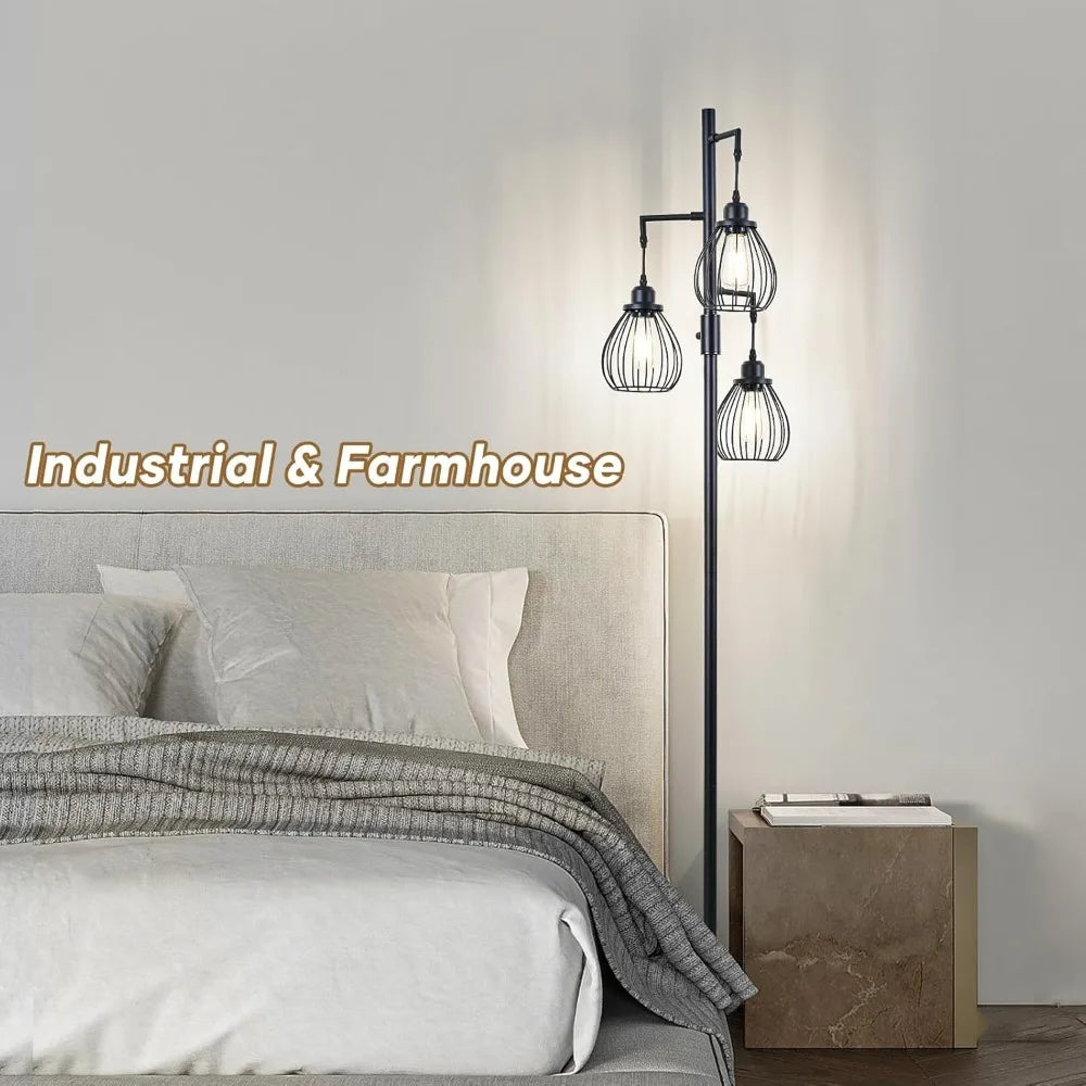 68.5” Dimmable Floor Lamp, Farmhouse Floor Lamps with Elegant Teardrop Cages, Rustic Floor Lamps Black Tall Vintage