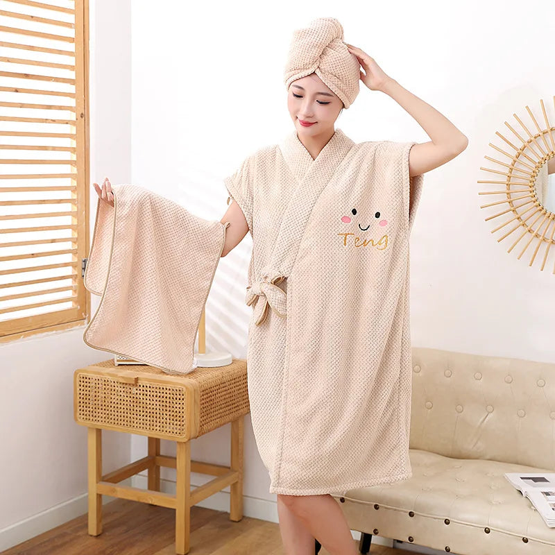 New pineapple bathrobe bath towel coral velvet thickened home cross binding skirt with cap