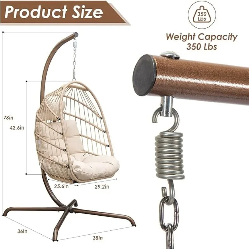Hanging Chair with Stand Outdoor Swing Water Resistant Cushions Rattan Wicker Chair Foldable Basket