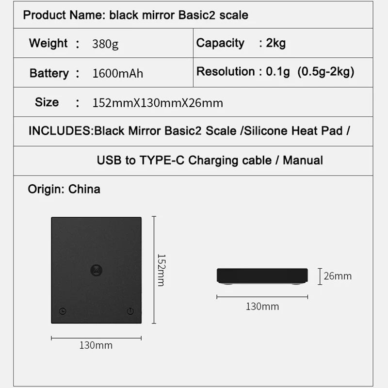 2 Black Mirror Pour Over Coffee Scale flow rate Auto Timer Digital Kitchen scale espresso