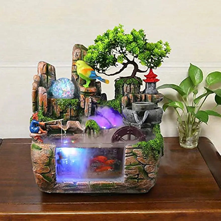 Fountain Waterfall with Rockery Indoor Relaxation with Light Bird & Fisherman for Home