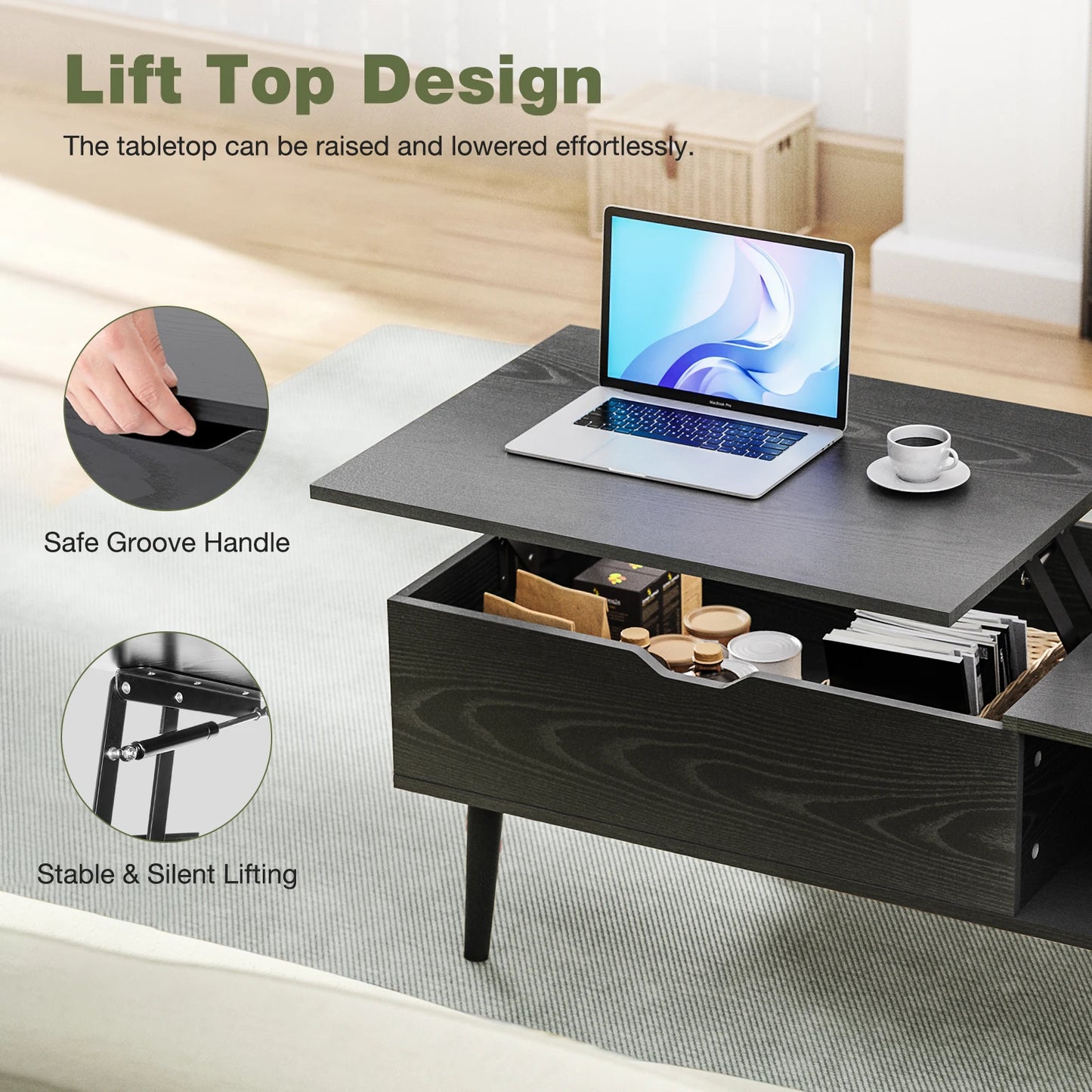 Coffee Table Tea Wood Dining Tables Adjustable Storage Shelf Easy Lift Or Lower
