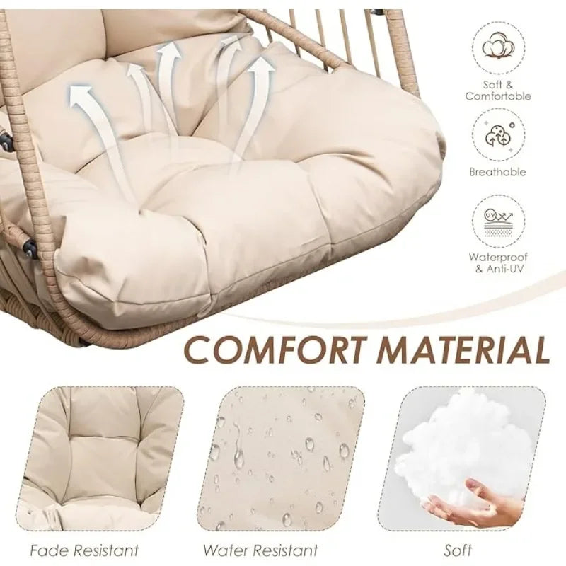 Hanging Chair with Stand Outdoor Swing Water Resistant Cushions Rattan Wicker Chair Foldable Basket