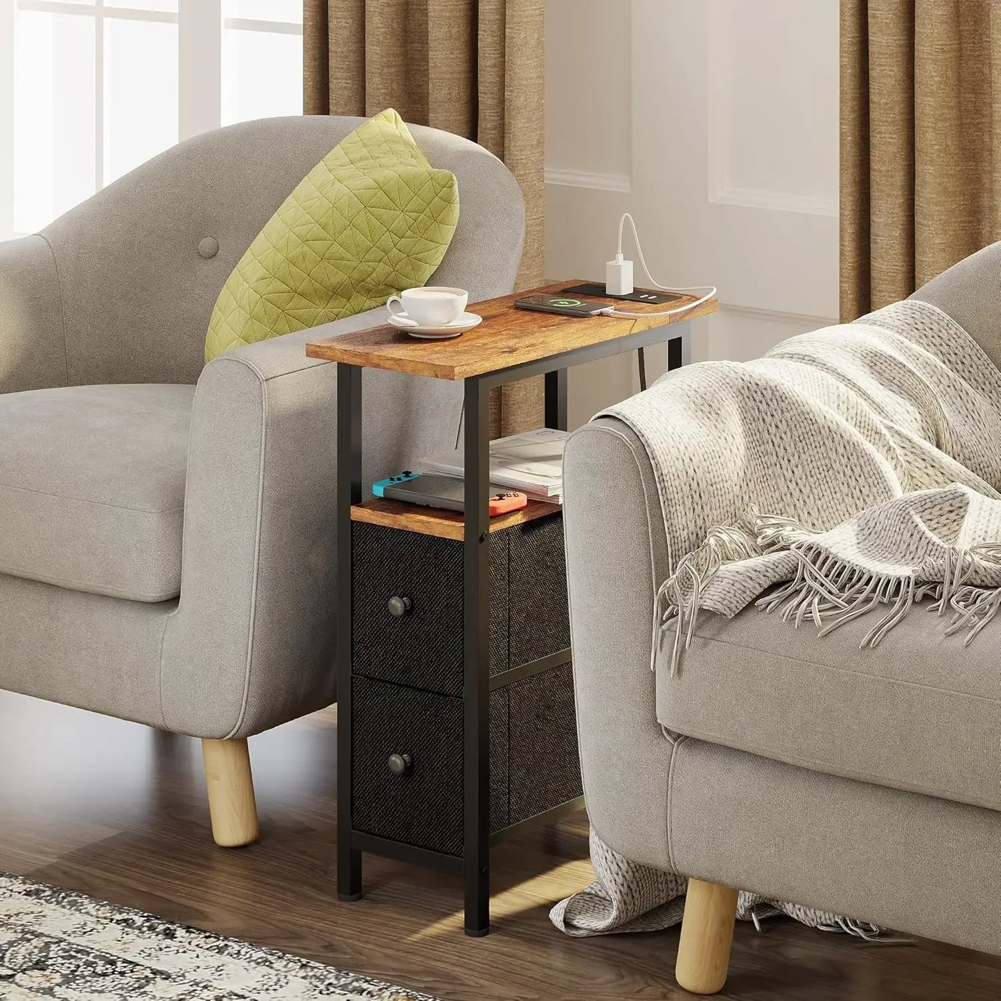 Side Table with 2 Fabric Drawers,, Slim Table for all Rooms