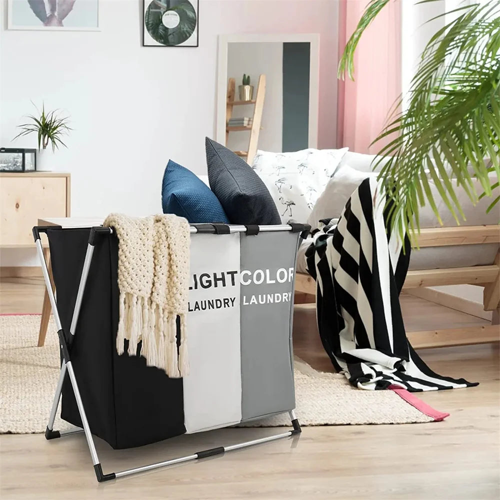 3 Grids Laundry Basket Foldable Dirty Clothes Organizer Waterproof Basket Large Laundry Hamper