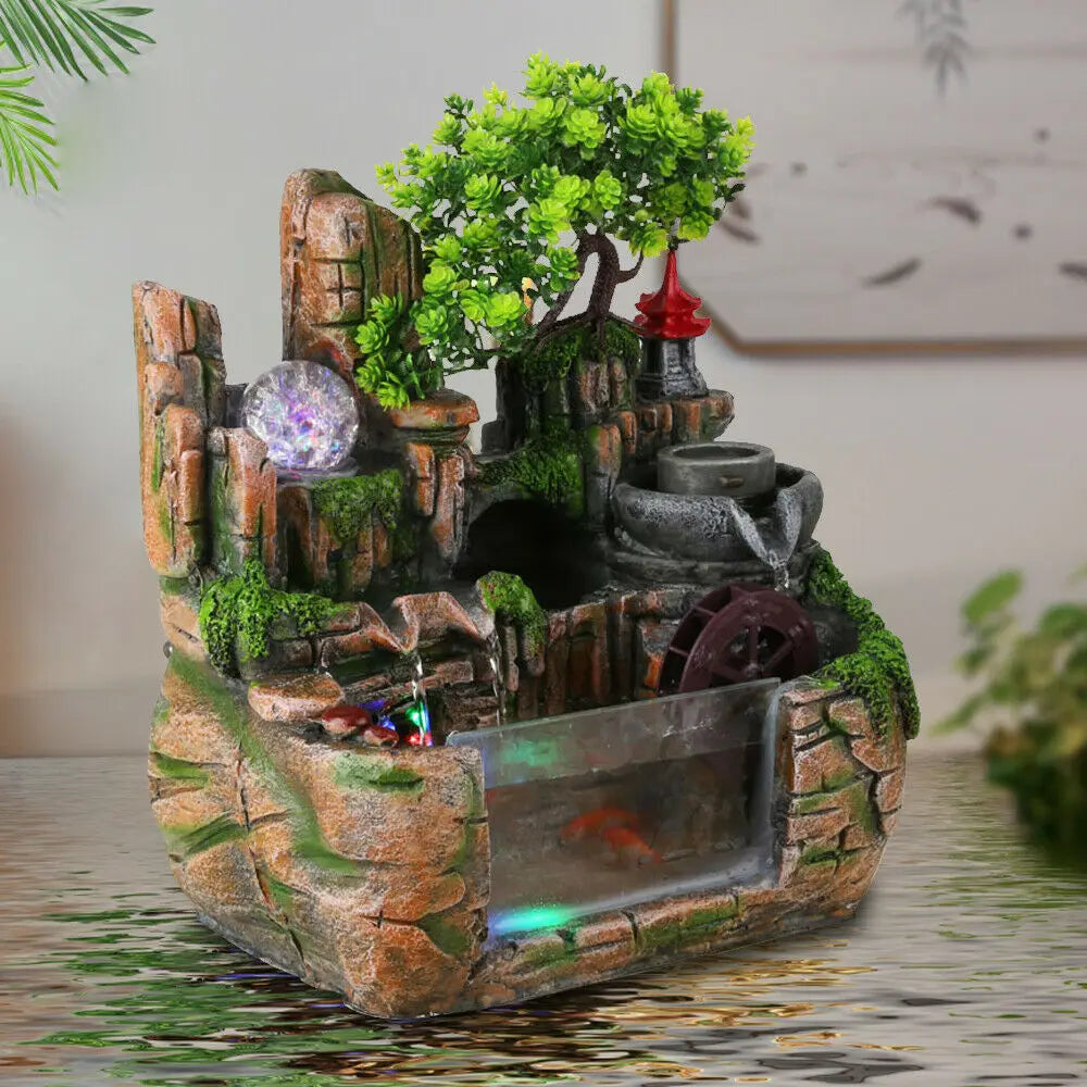 Fountain Waterfall with Rockery Indoor Relaxation with Light Bird & Fisherman for Home