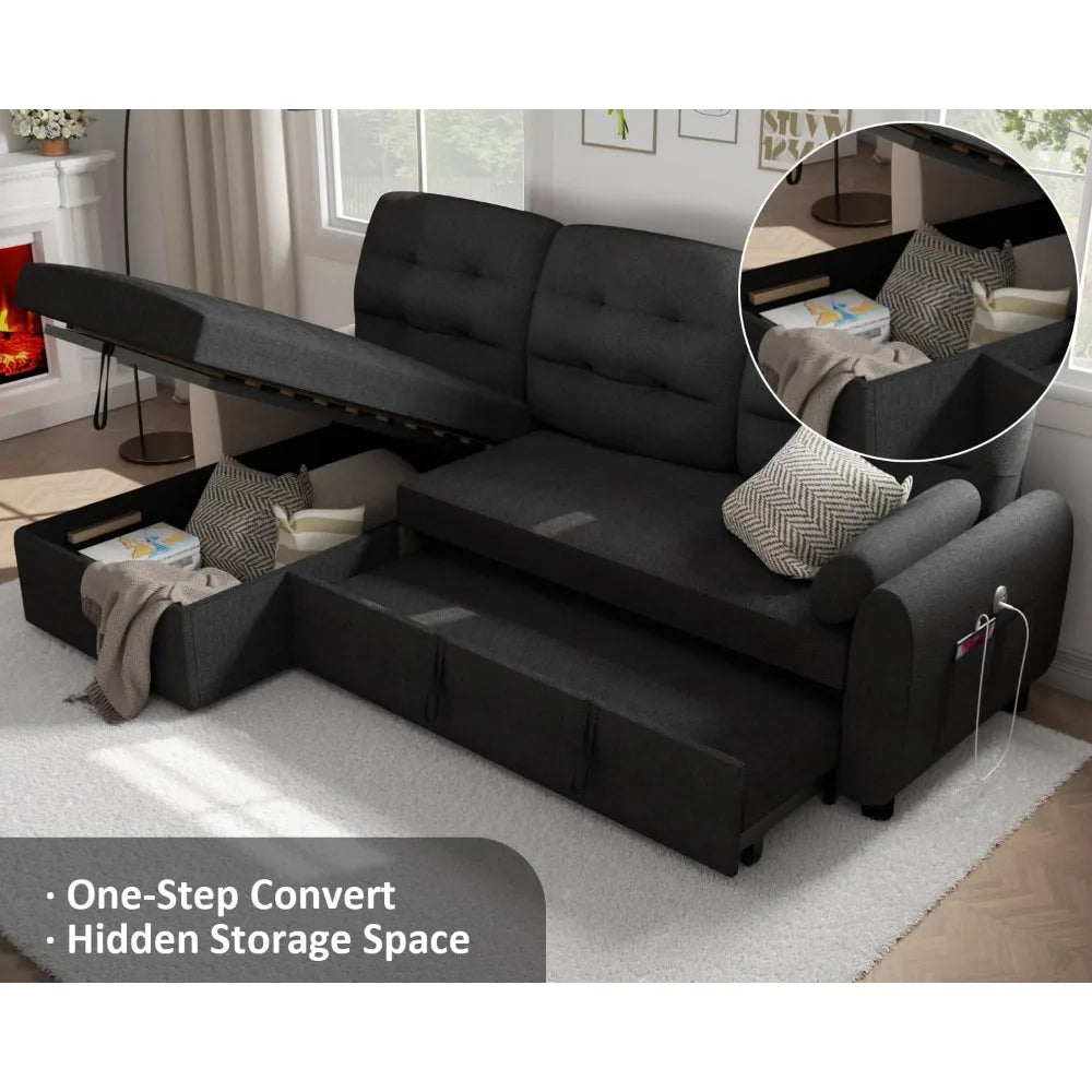 Sectional Sofa Couch Sleeper Sofa Bed with Reversible Storage Chaise Pull Out Couch with side Pocket