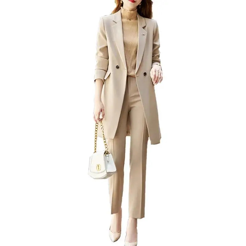 High End Office Professional Women's Blazer Pants 2-Piece Set Fashion Long Female Jacket Over Business Suit With Trousers