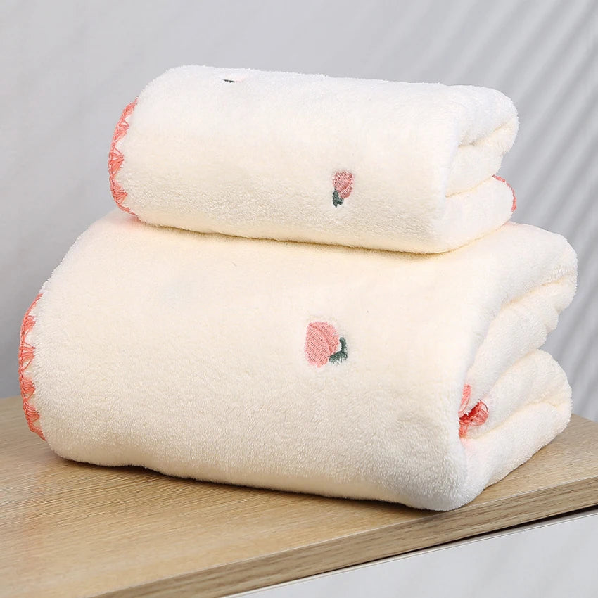 Soft Coral Towels Set Peach Bear Cherry Embroidered Face Bath Towel Super Absorbent