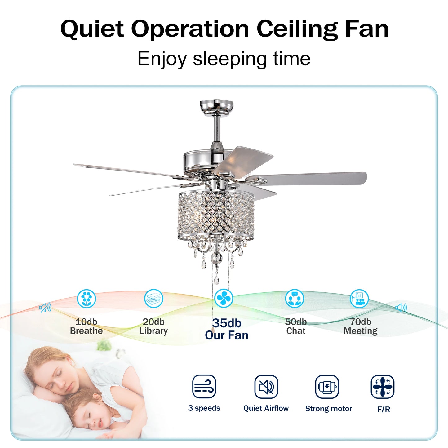 52'' Classical Crystal Ceiling Fan Lamp 3 Speed Hand Pull Chain (High, Mid, Low), 5 Reversible Blades for Living Room, Dining Ro
