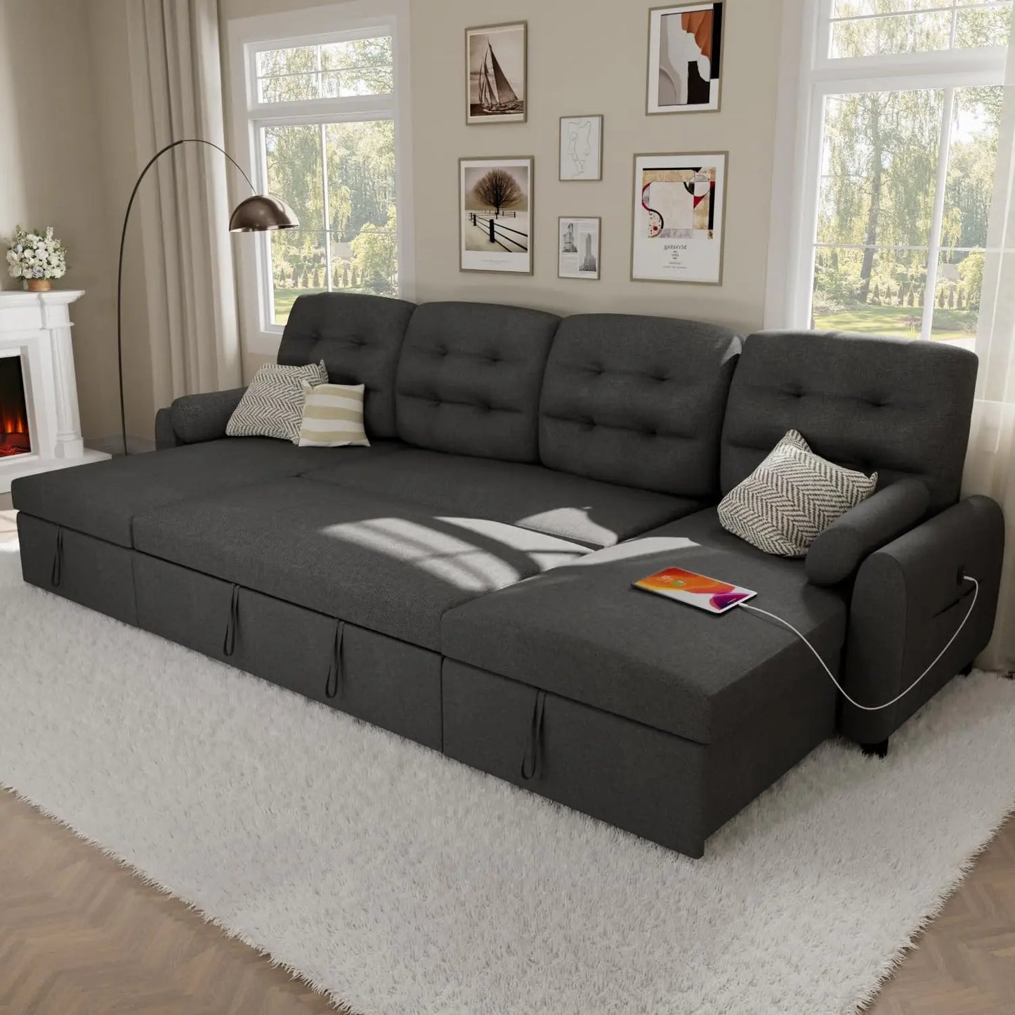 Sectional Sofa Couch Sleeper Sofa Bed with Reversible Storage Chaise Pull Out Couch with side Pocket