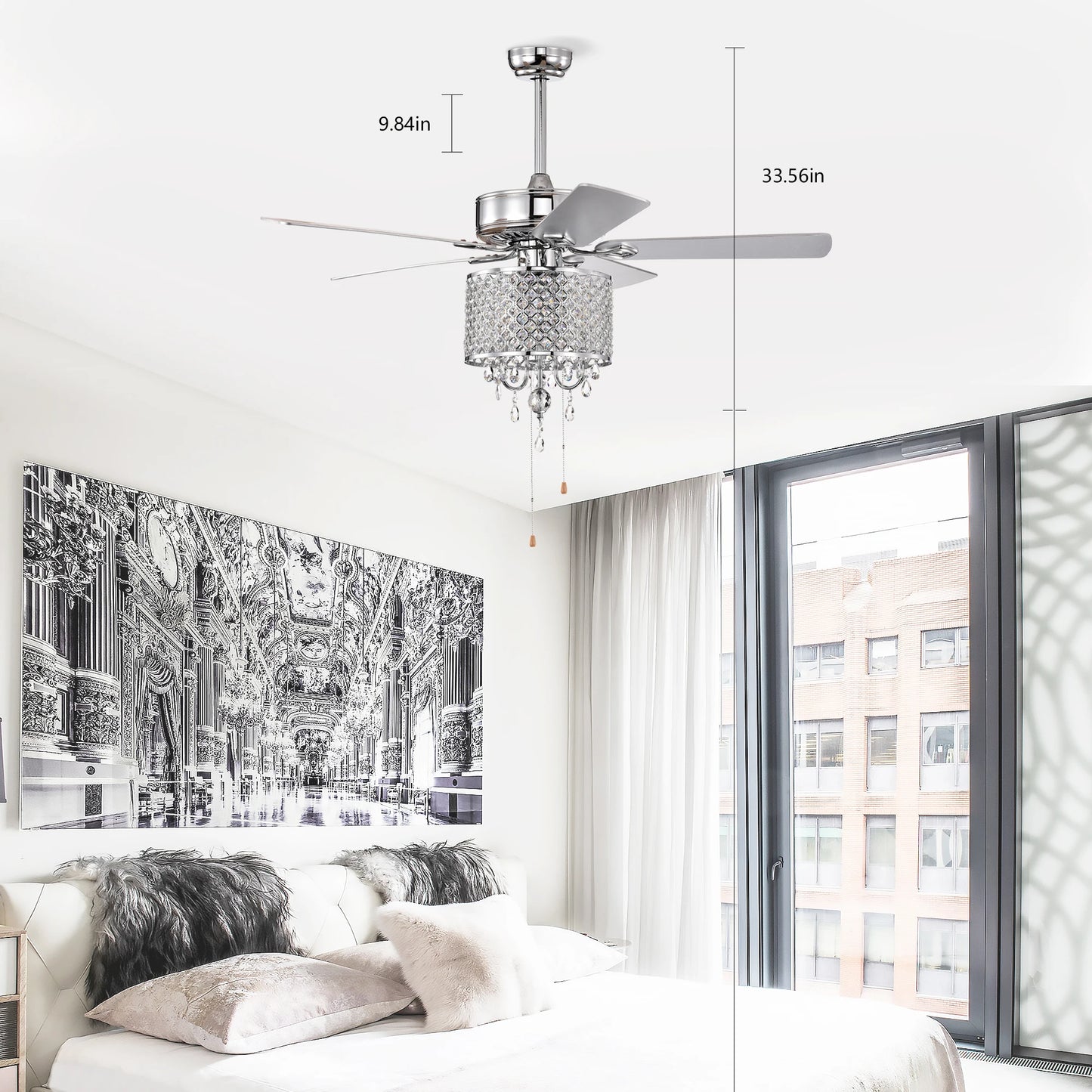 52'' Classical Crystal Ceiling Fan Lamp 3 Speed Hand Pull Chain (High, Mid, Low), 5 Reversible Blades for Living Room, Dining Ro