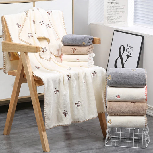 Soft Coral Towels Set Peach Bear Cherry Embroidered Face Bath Towel Super Absorbent
