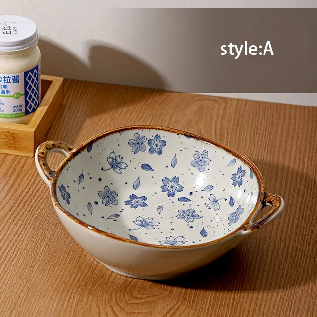 YWDL 700ml Ceramic Salad Bowl With Handle Kitchen Soup, noodles, and fruit Japanese Tableware Microwave Pan