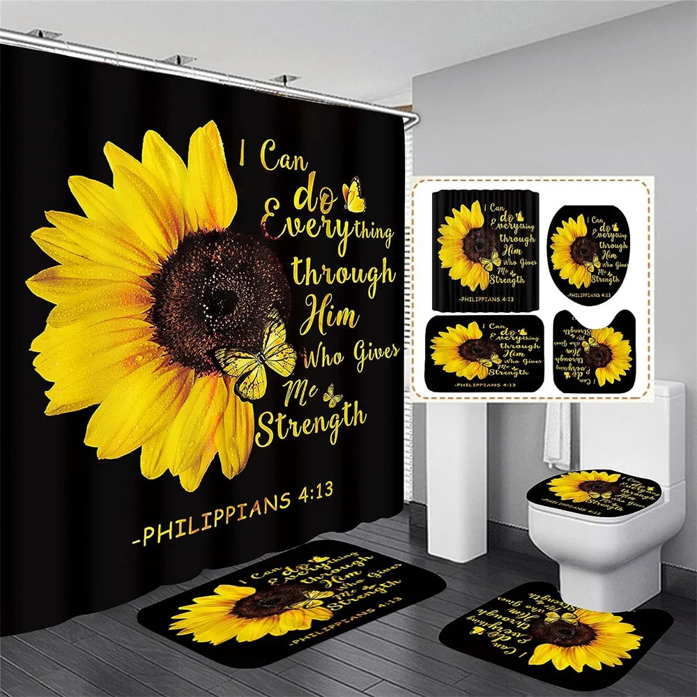 4PCS Flower Shower Curtain Set with Non-Slip Rugs, Toilet Lid Cover and Bath Mat Waterproof Bathroom Decor