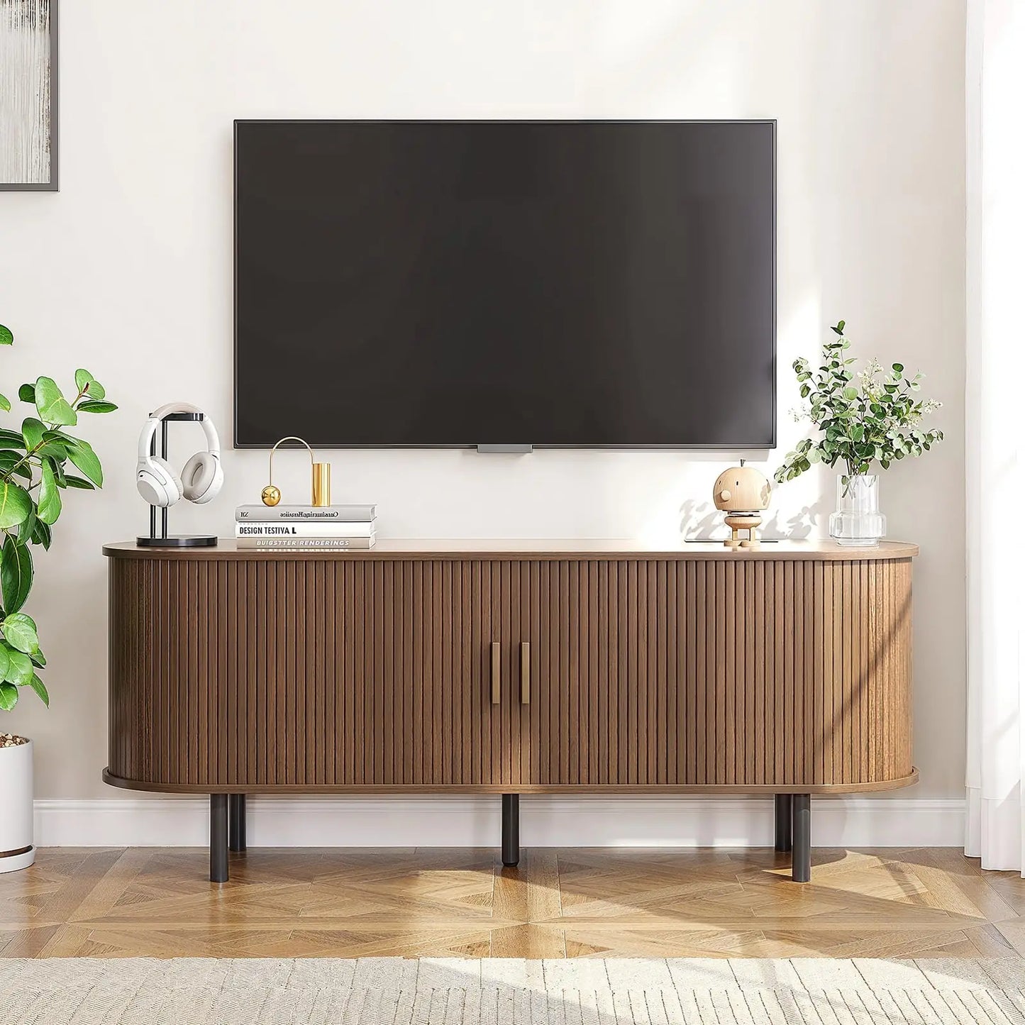 TV Stand Living Room Furniture with Power Outlet for TVs up to 60/70" Table with Sliding Doors Storage Adjustable Shelves